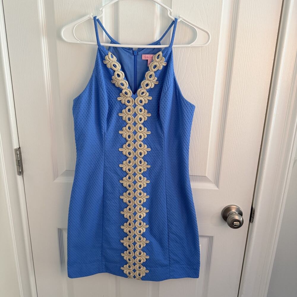 Lilly Pulitzer Dress Size 4 Blue Gold Lace Shift Preppy Resort Coastal Pearl